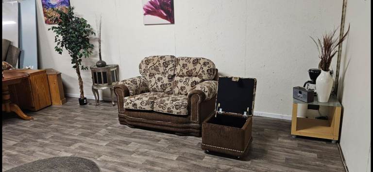 Excellent Condition 2 Seater Sofa + Storage Footrest Brown Floral Cream Fabric