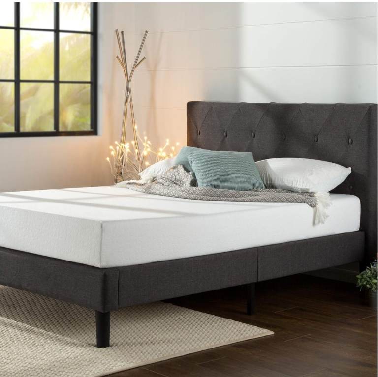 image for Double Bed Frame, Upholstered Platform Bed with Diamond Tufted Headboard