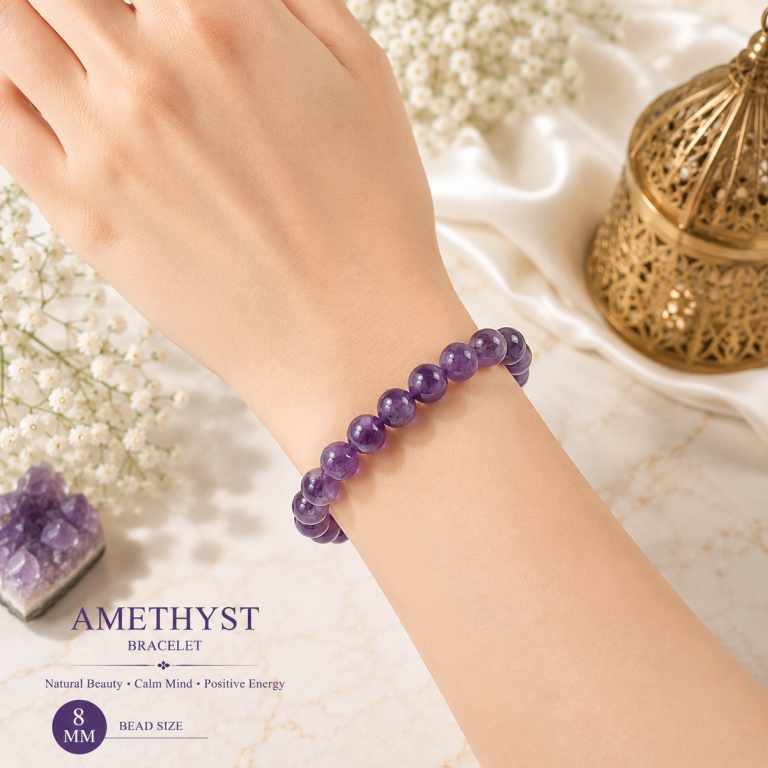 Amethyst 8mm Gemstone Bead Bracelet, Lab Certified Authentic Purple Crystal 7.5 Inch Stretchable