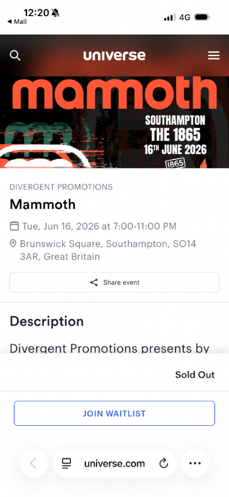 Mammoth Concert Ticket Southampton - Sold Out