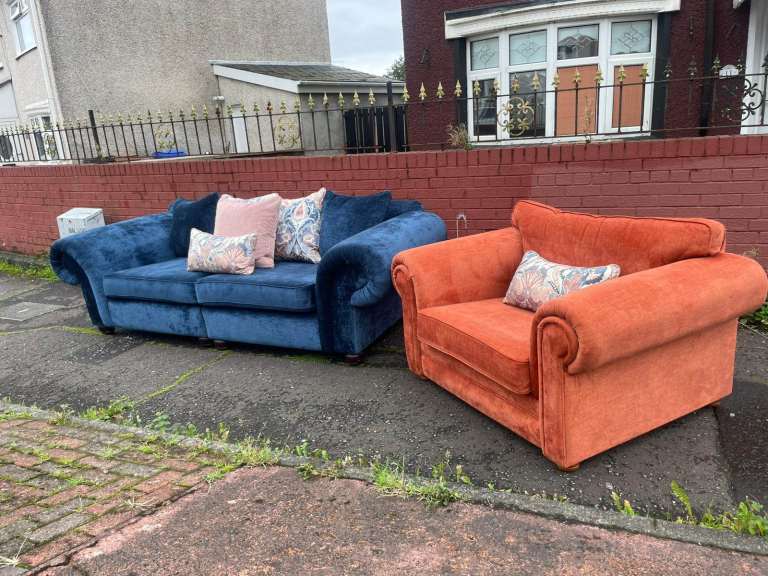 Big 2 seater and chairs and a half in a velvet fabric new condition £599