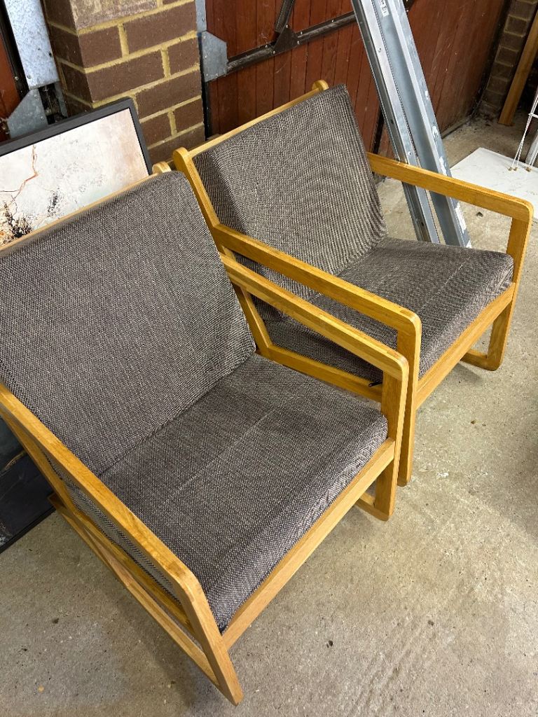 Pair of Wooden Armchairs with Grey Fabric Cushions – Good Condition