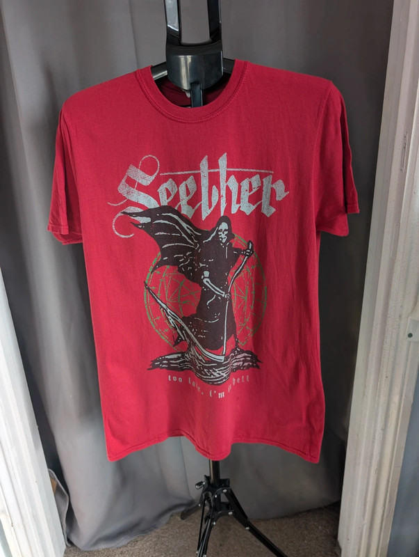 Seether T Shirt L Red Grim Reaper Too Late Im In Hell Graphic Band Tee Top