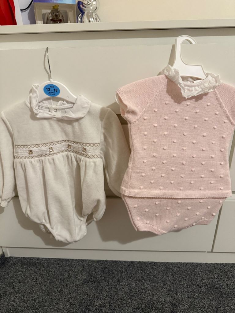 Baby Clothes Bundle - White Smocked & Pink Knitted Rompers, 12-18 Months