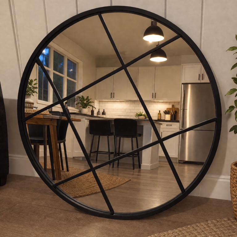 Large Round Black Metal Framed Mirror – Good Condition
