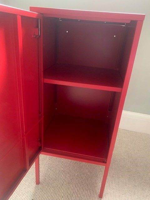 Red metal storage locker