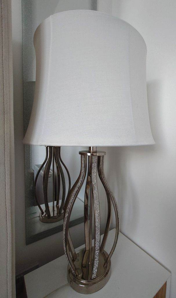 Pair of Large Chrome Table Lamps – 71cm – Crystal Glam Look – White Shades