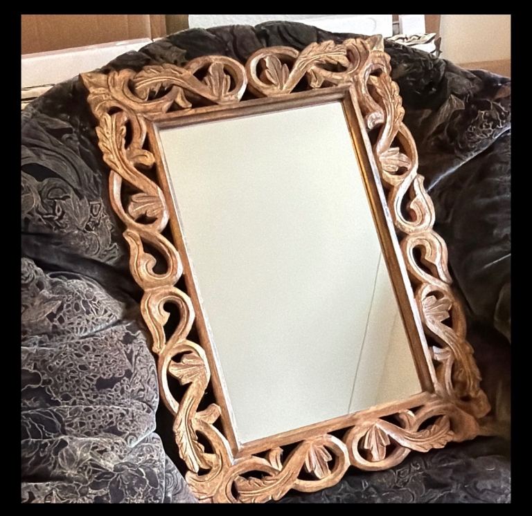 Carved Brown Wood Framed Rectangular Wall Mirror Vertical Horizontal ...