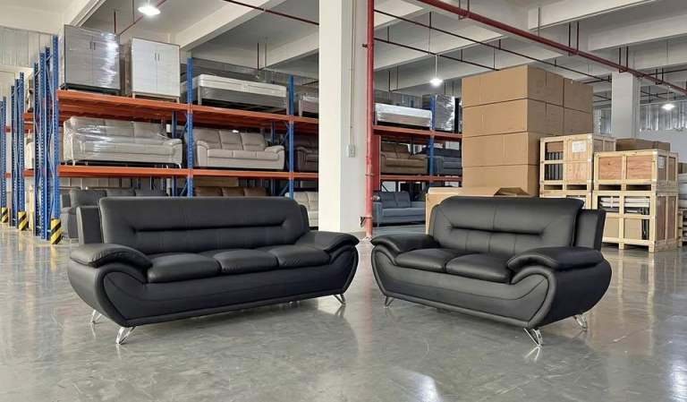 💥 CLEARANCE SALE — Shiraz Black Faux Leather 3+2 Seater Set (Express Delivery Available) ::