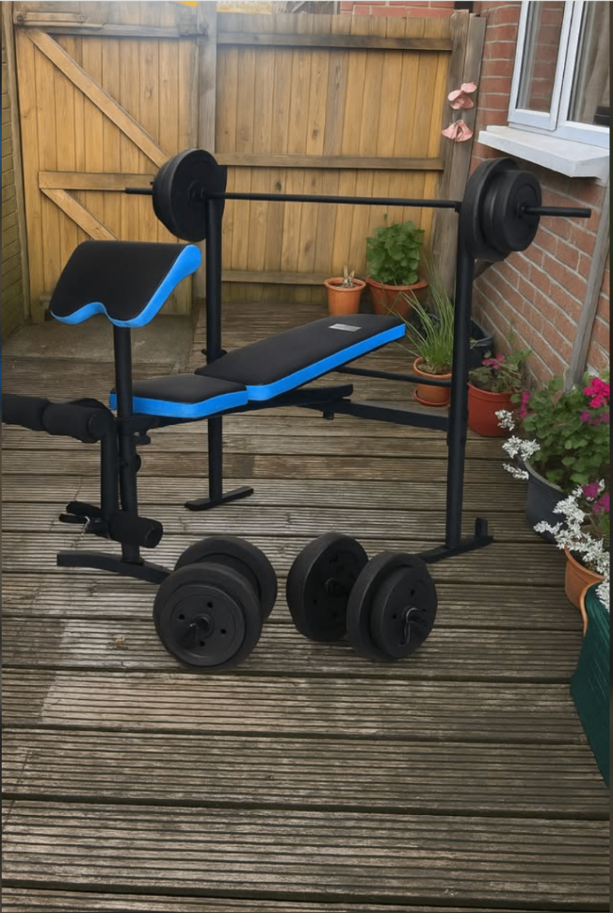 Weight Bench with Barbell and Dumbbells – Brand new in box! 