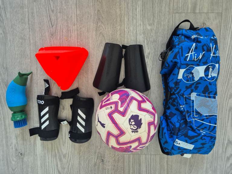 Decathlon Kipsta Pop-Up Inflatable Football Goal & Cones Set, Puma PL ball, shin pads
