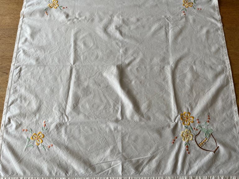 Antique embroidered square cream table cloth