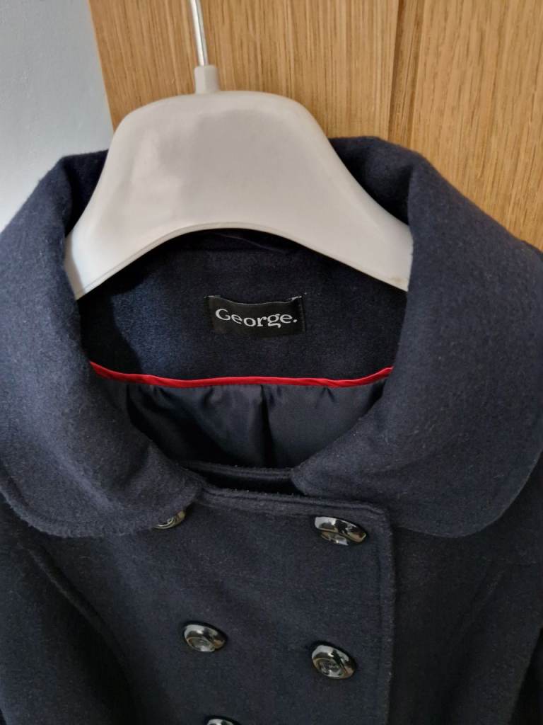 LADIES NAVY DOUBLE-BREASTED  COAT- “GEORGE” BRAND – SIZE 16