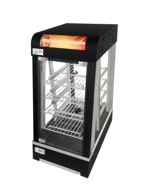 Black Smart Food Warmer Display Cabinet Glass Front & Rear Doors Heated Showcase