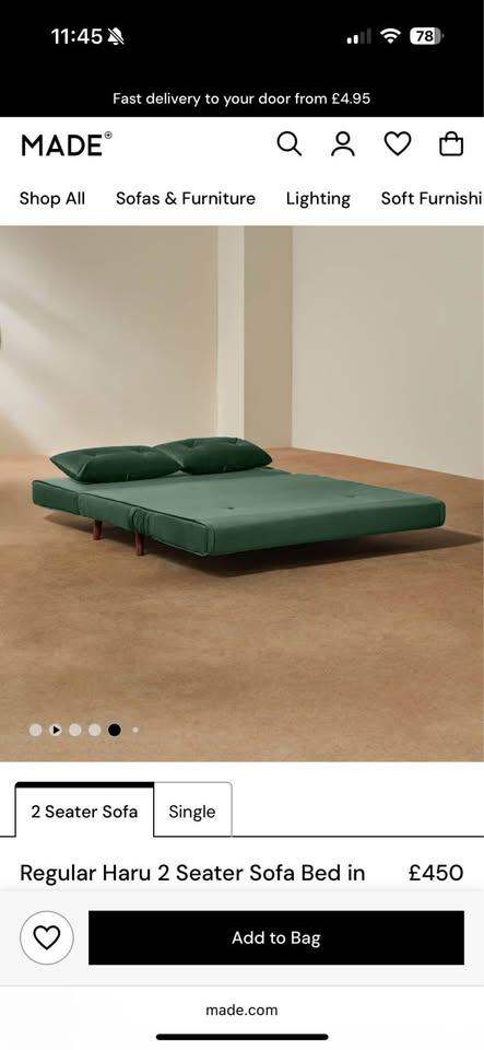 MADE Haru Small sofa bed, 2 seater green with 2 pillows