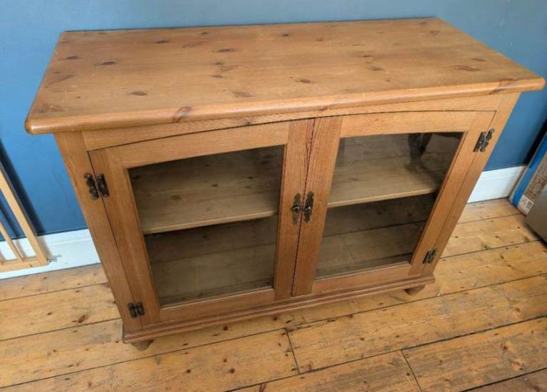 Pine Wood Display Cabinet with Glass Doors