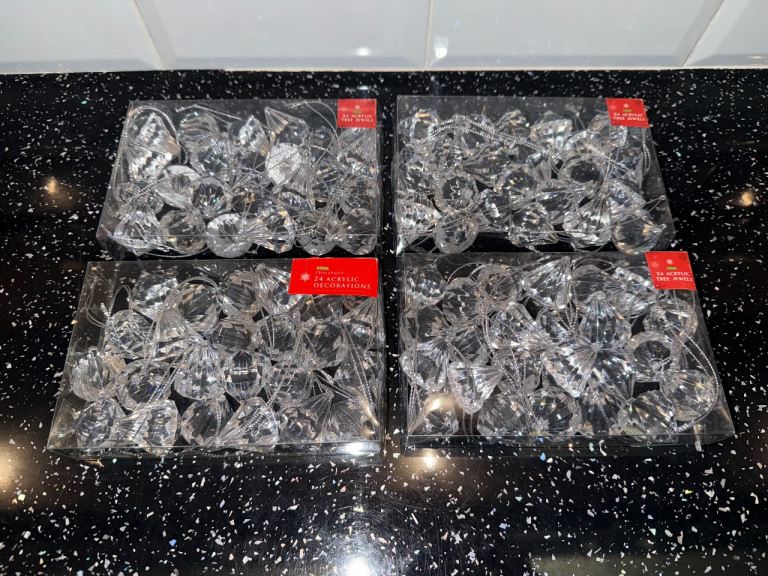 4 x 24 pack Acrylic Diamond Crystals Christmas Tree Drop Baubles from Asda. 94 Crystals 2 missing.