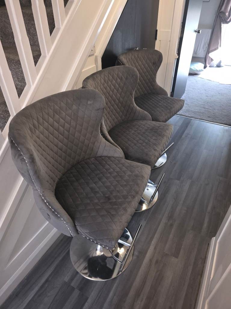 Set of 3 Grey Velvet Bar Stools – Good Condition