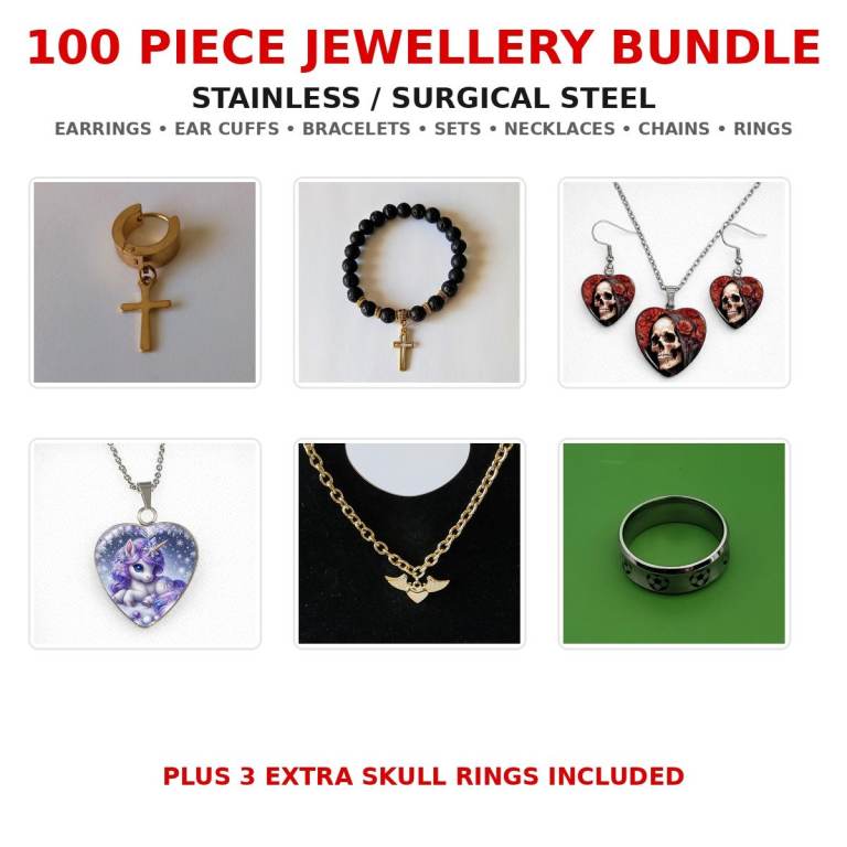 100 Piece Stainless & Surgical Steel Jewellery Bundle + 3 Extra Rings