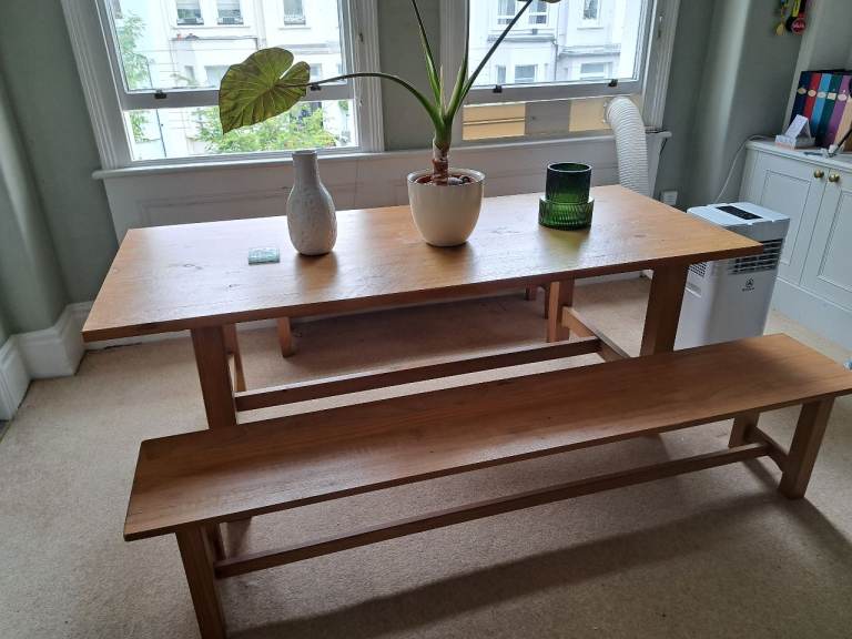 Solid Pine Dining Table with Matching Bench – Good Condition