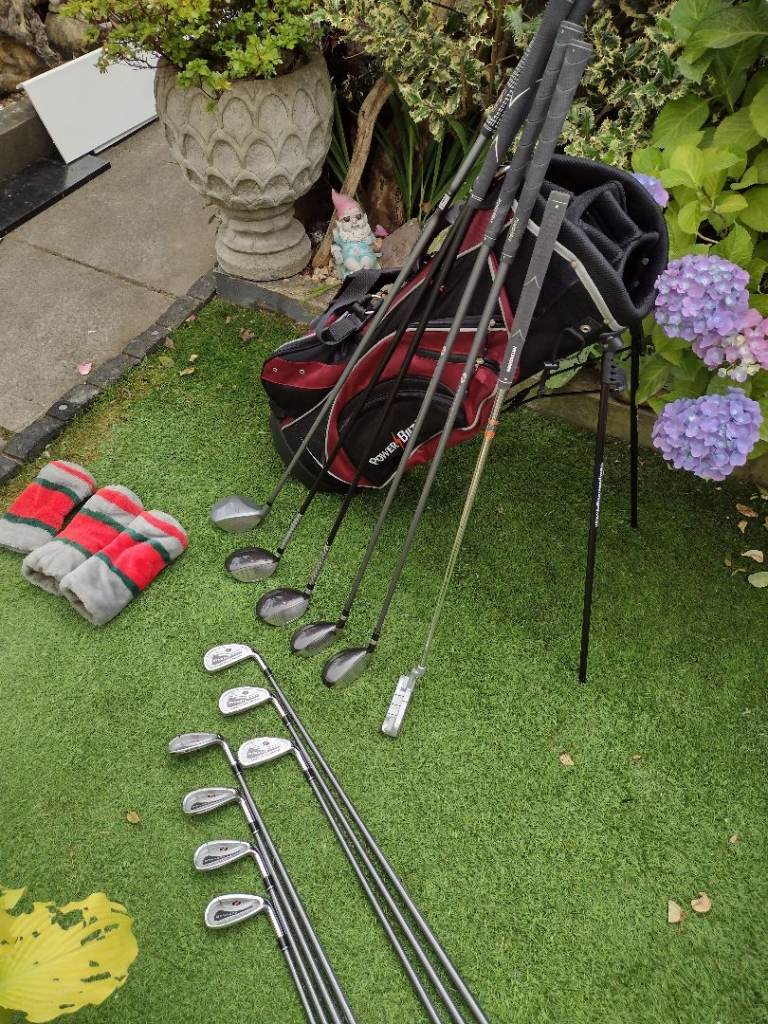 VGC FULL SET MENS POWERBILT / COBRA GRAPHITE GOLF CLUBS + POWERBILT STAND GOLF BAG WITH RAIN HOOD 