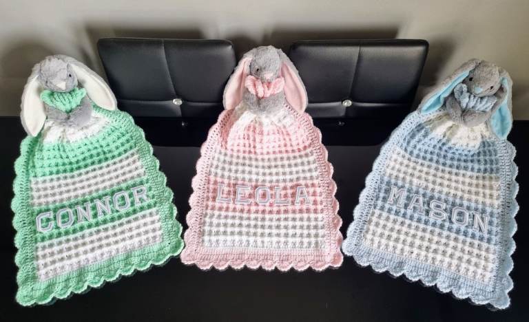 Crochet Baby Comfort Blanket, Personalised, Girls and Boys colours available