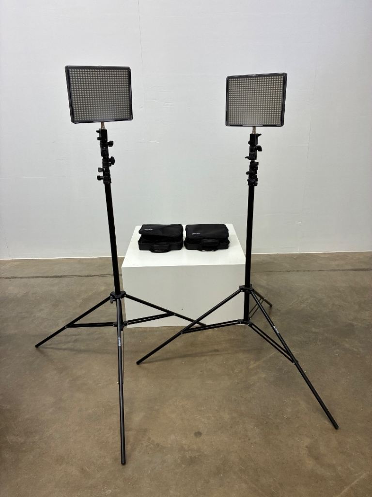 Pair of Aputure photographic studio lights with tripods.