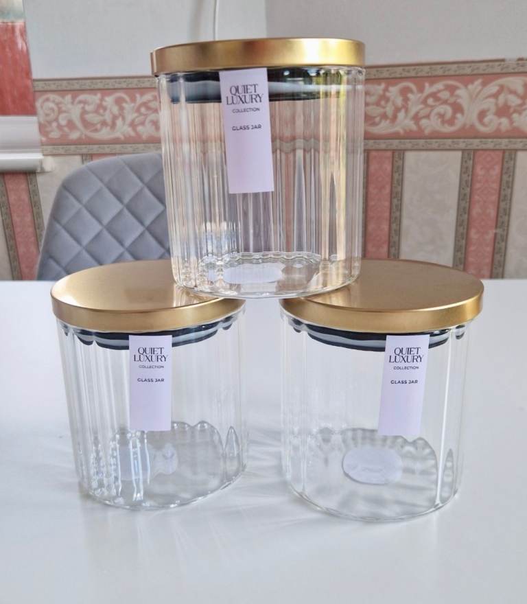 Set of 3 New Glass Storage Jars with Gold Lids - 550ml Each
