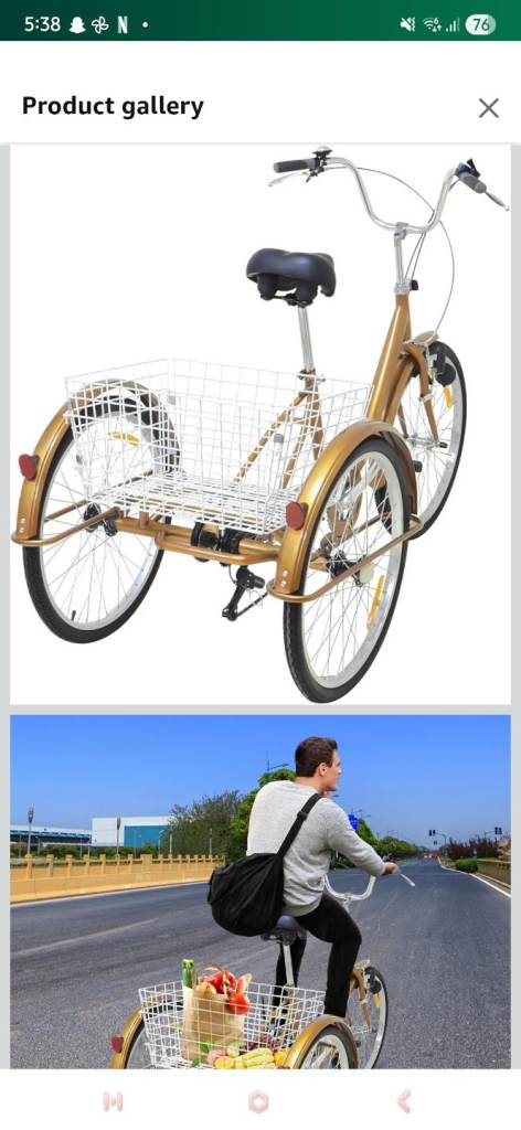 Adult Tricycle Adult Tricycle 6-Speed 3-Wheel 24in With Basket Light Height Adjustable Gold