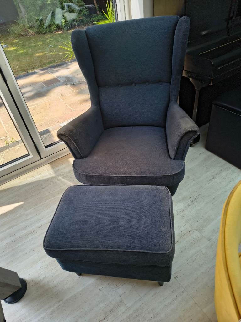 Good Condition Blue Fabric Armchair with Matching Footstool