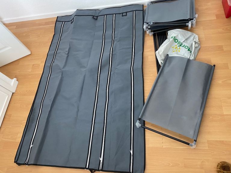 Grey Fabric Wardrobe with Shelves - Good Condition Storage Unit