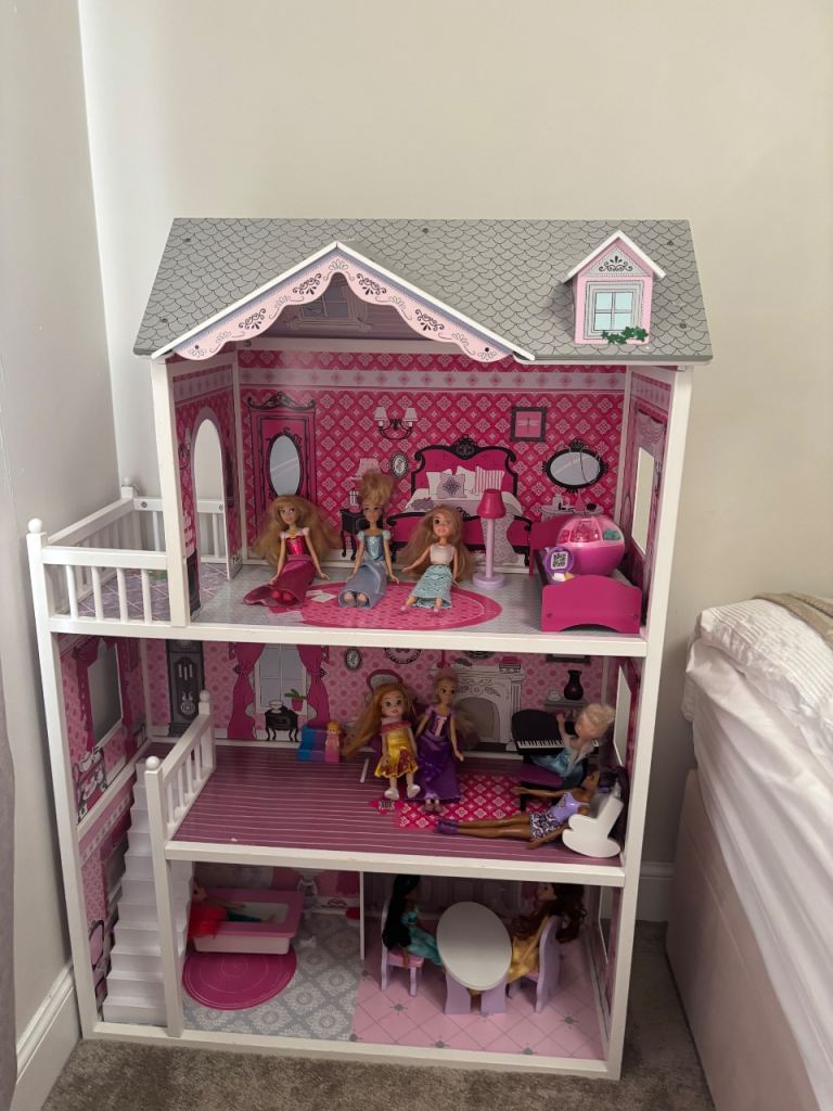 Large Wooden Dolls House with Furniture Set & Dolls