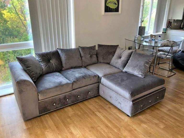 Brand New Grey Velvet Corner Sofa with Matching Cushions