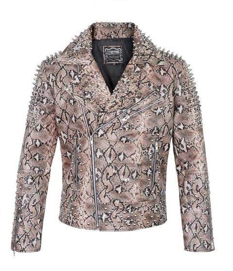 Mens Artificial Python Snake Print Spikes Rock Studded Motorcycle Leather Jacket
