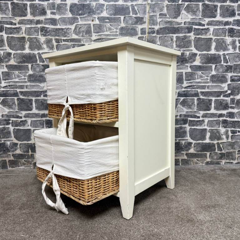 White Storage Unit with 2 Wicker Baskets