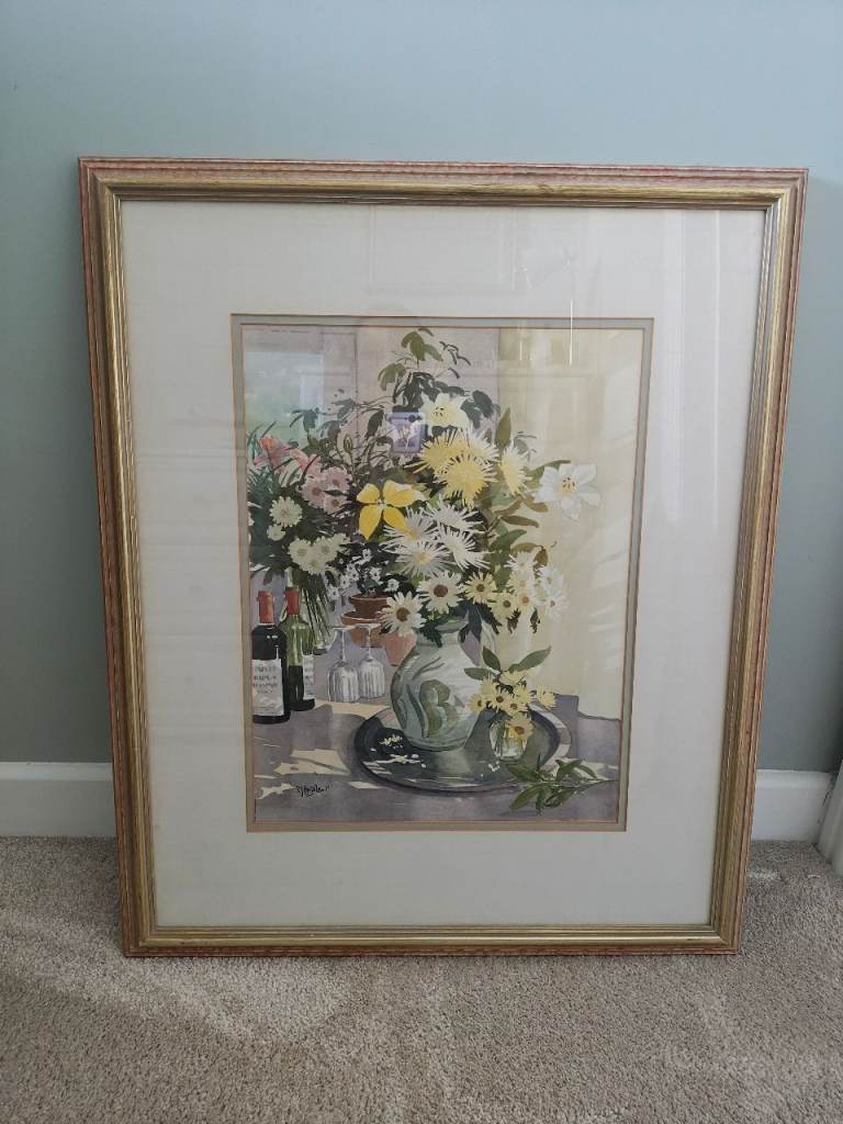 Large Framed Floral Painted Picture – Gold Frame, Good Condition