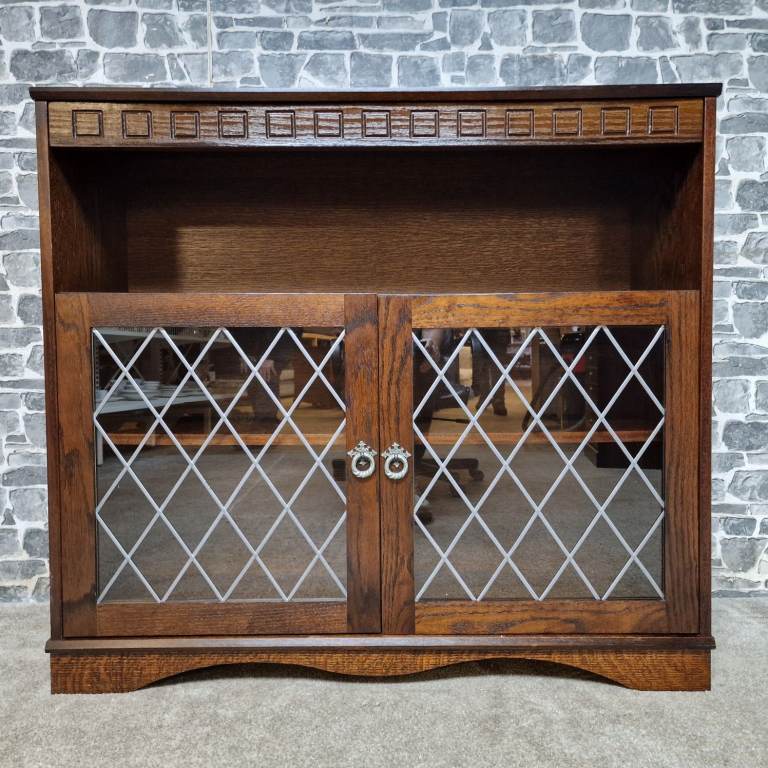 Vintage Solid Oak Priory Style Glazed Bookcase with Leaded Glass Doors