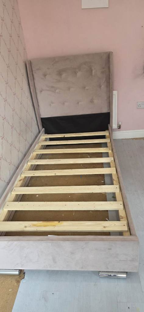 Single Bed Frame with Beige Fabric Headboard - Good Condition