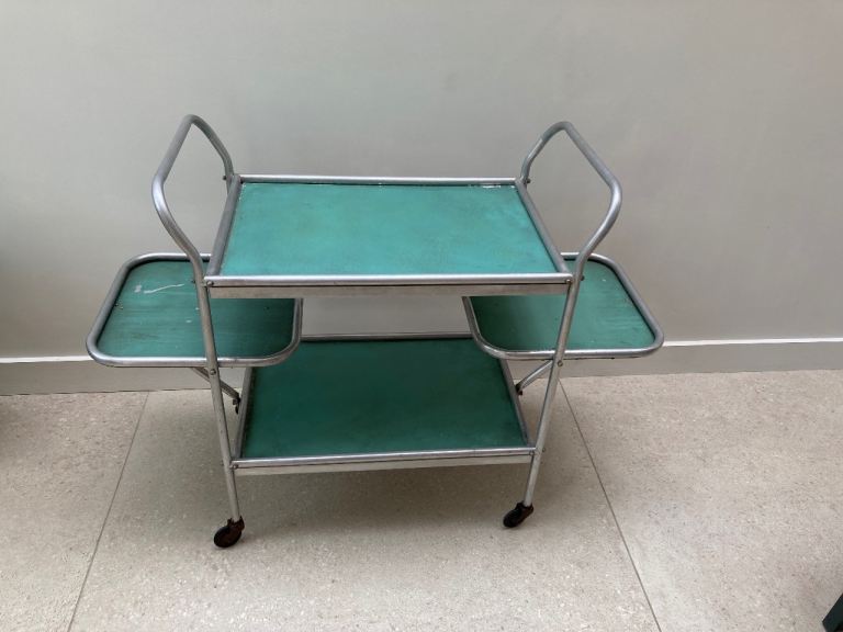 image for Vintage Mid century trolley - fold out sides. 50s 60s industrial drinks medical. Metal.