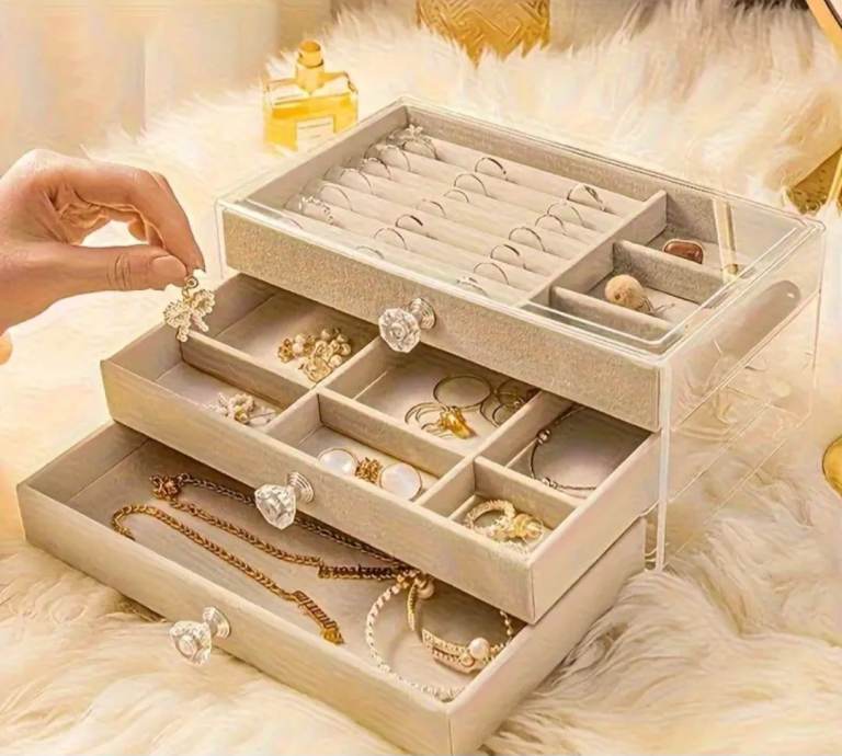 Beige color Transparent three layer jewelry storage box