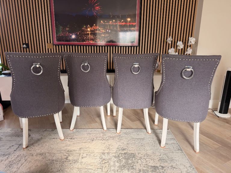 5x Grey High-Back Dining Chairs | Ring Back | Stud Detail 
