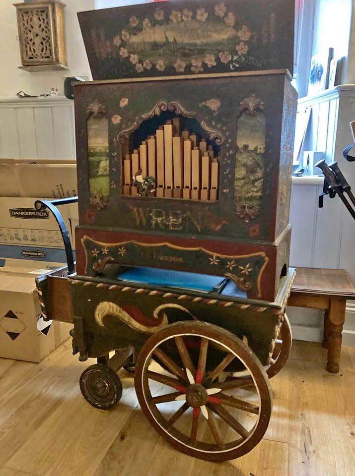Vintage Hand-Painted Wooden Street Organ on Wheels – Good Condition