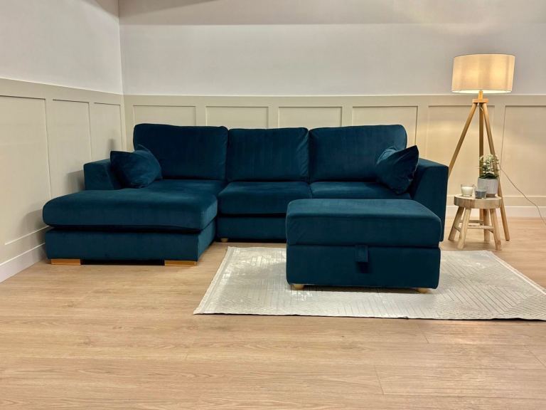image for New Stock! HIGH STREET BRAND! DFS Calix in Navy Velvet Corner Sofa with Matching Footstool