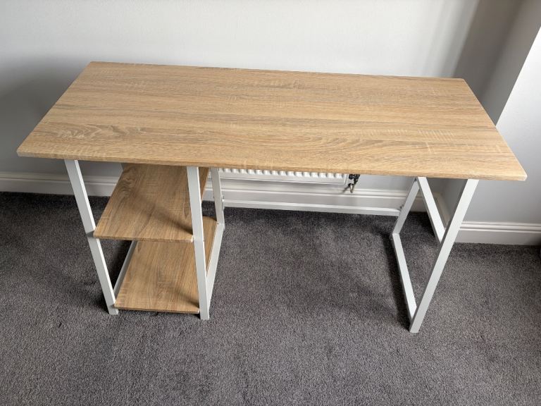 Wooden Effect Desk with White Metal Frame – Good Condition