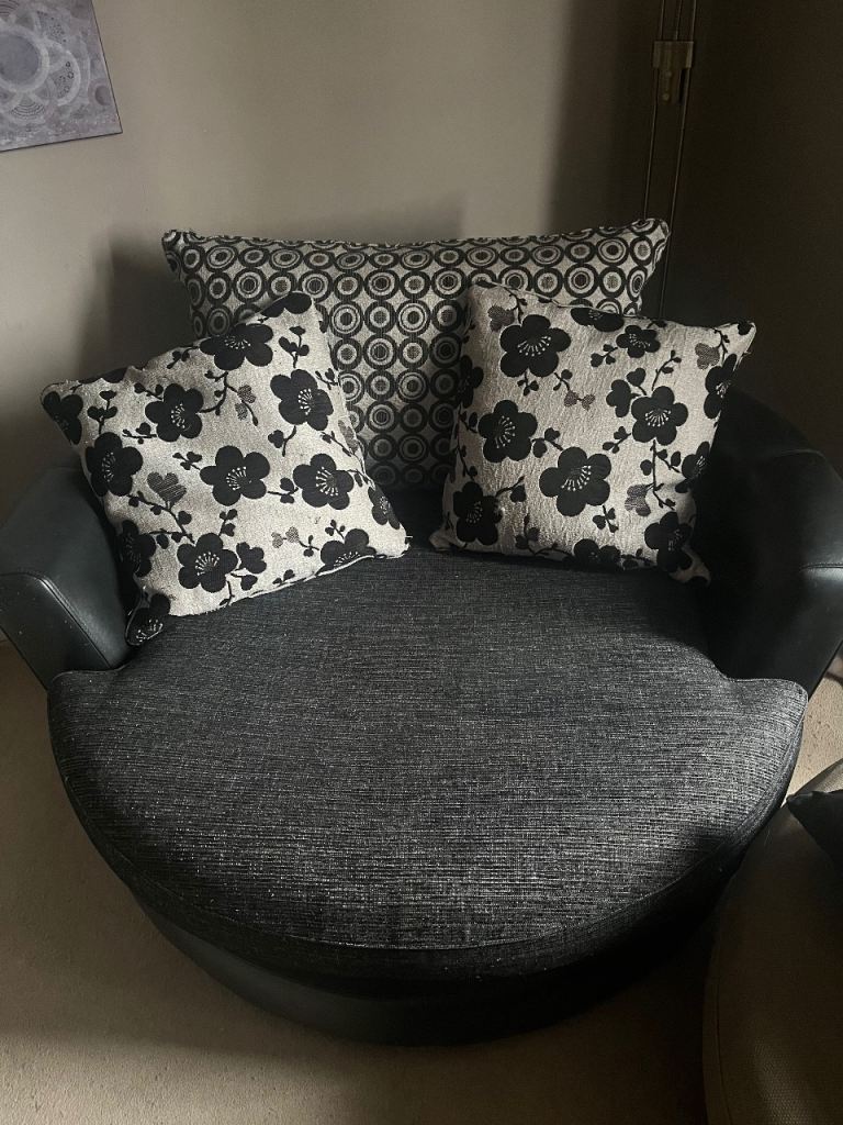 Black Fabric & Faux Leather Swivel Cuddle Chair with Cushions