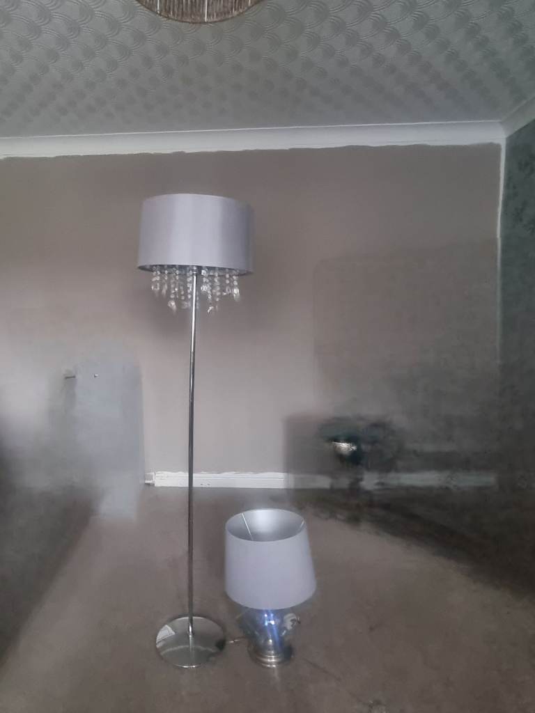 Matching Grey Floor and Table Lamps with Crystal Droplets