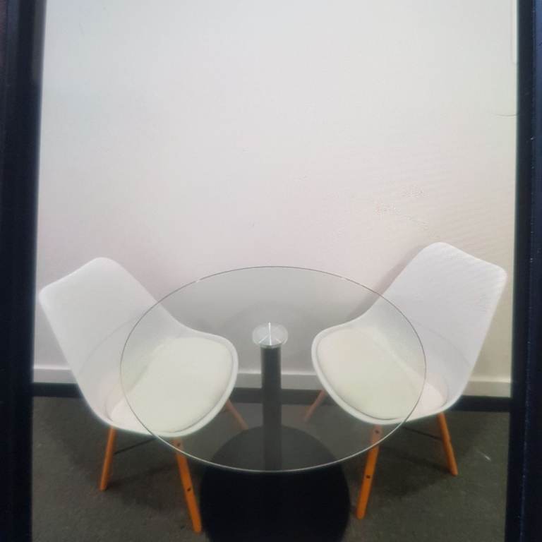 Modern Glass Coffee Table with Round Top and Black Base with 2 chairs