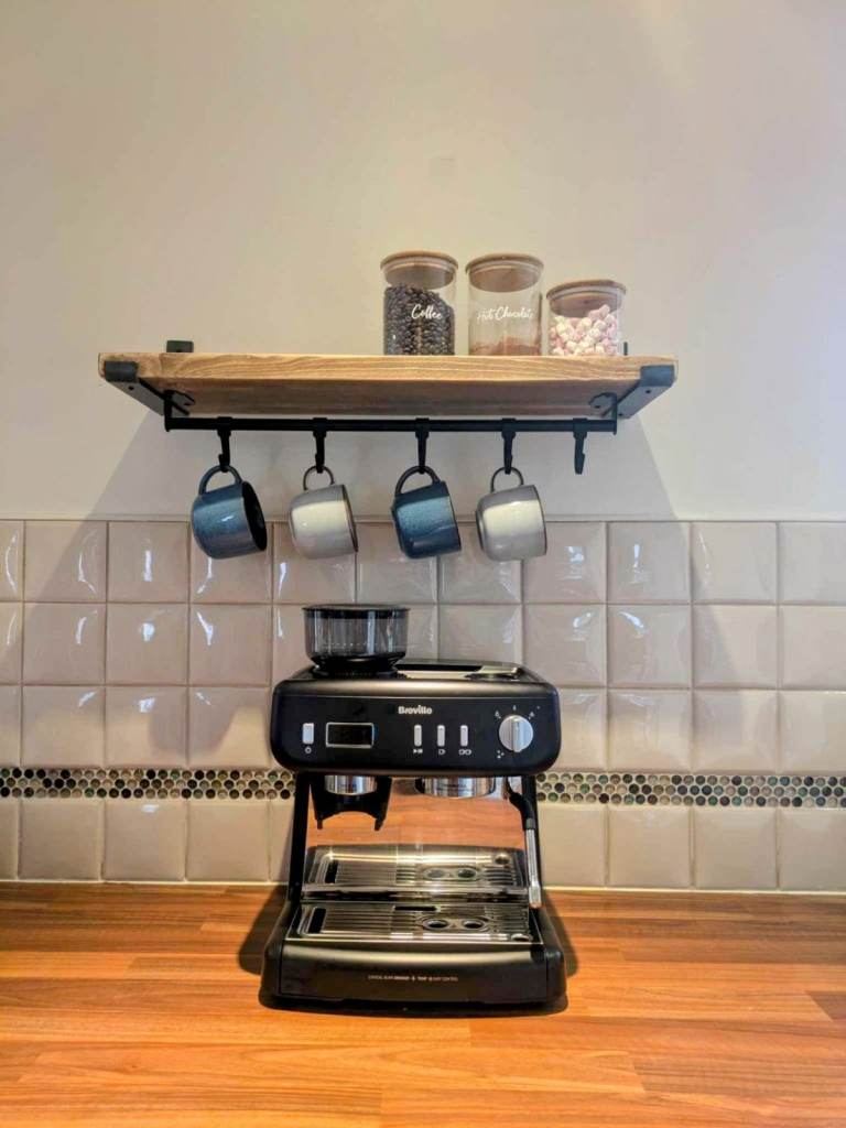 Rustic Shelf, Brackets, with Steel Mug Holder & Hooks Set