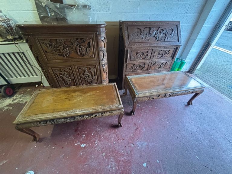Joblot Asian hand crafted wooden bureau cocktail bar 2 tables vintage  