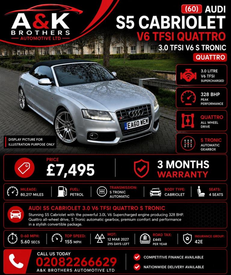 2010 Audi A5 S5 Quattro 3.0 V6 TFSI CONVERTIBLE LEATHER HEATED SEATS 1 YEAR MOT NEW TIM  CONVERTI...
